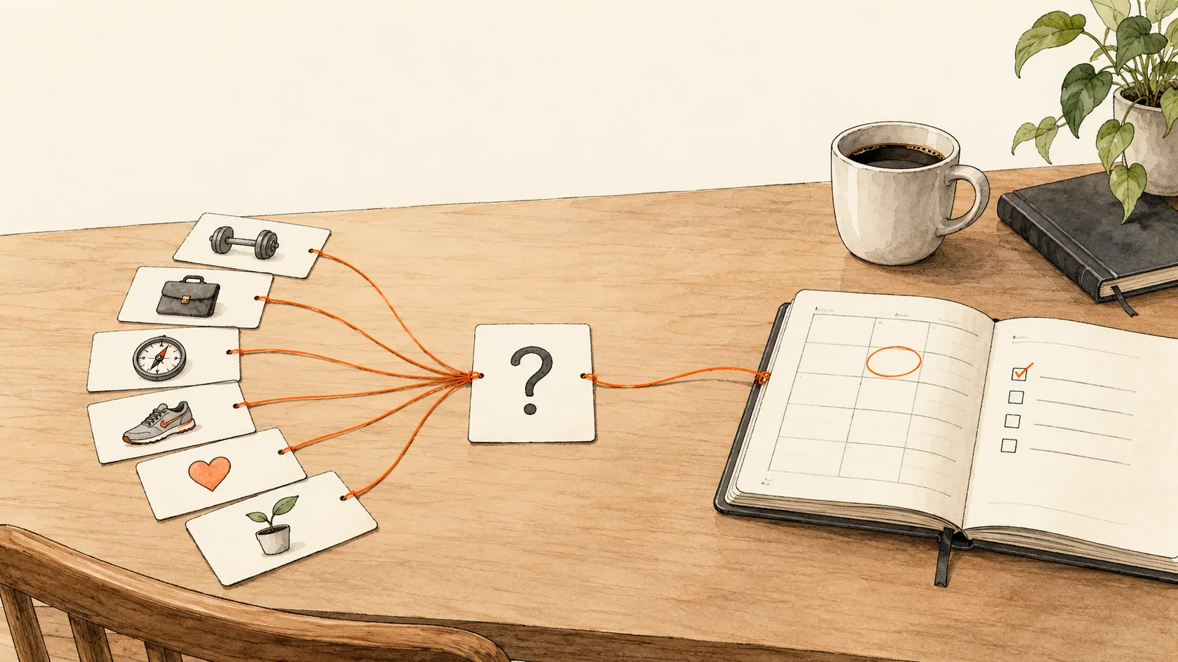 Six index cards showing a dumbbell, briefcase, compass, running shoe, heart and sprout, threaded to one question card and on to a planner with a date circled