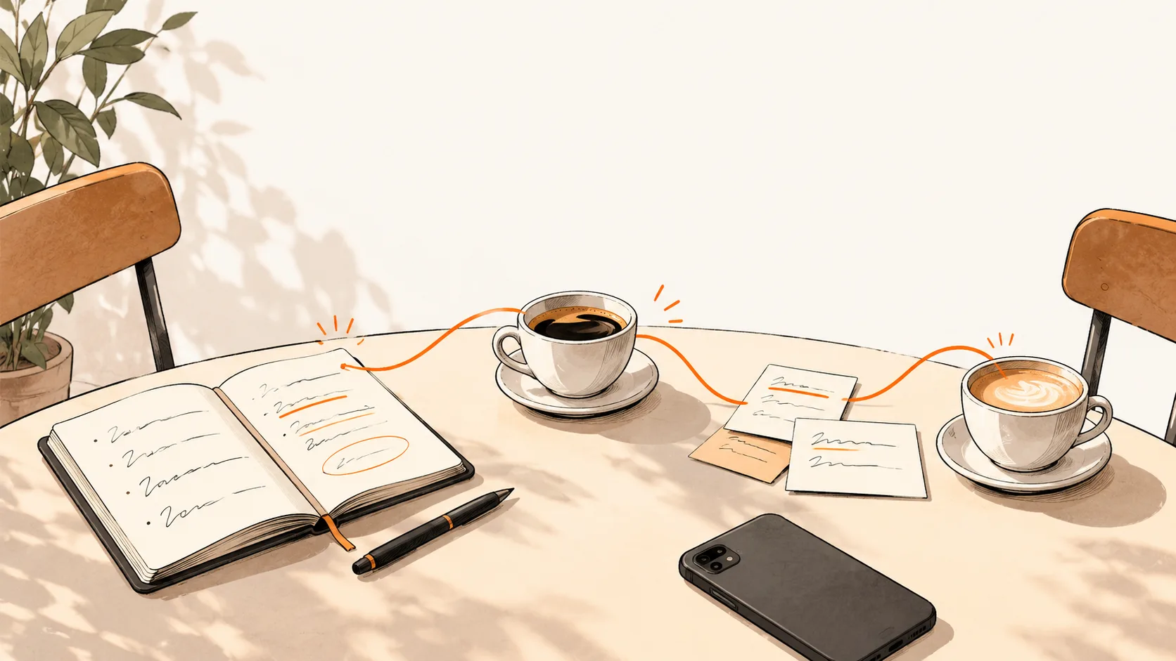 A café table with an open notebook, two coffee cups and handwritten cards, joined by a thin orange line