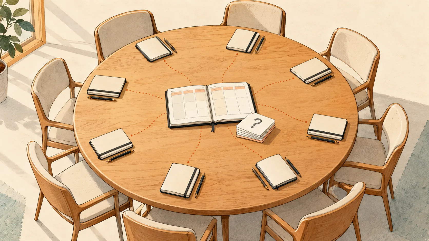 A round table seen from above with eight empty chairs, a notebook at every place, and dotted lines leading to one shared planner in the middle