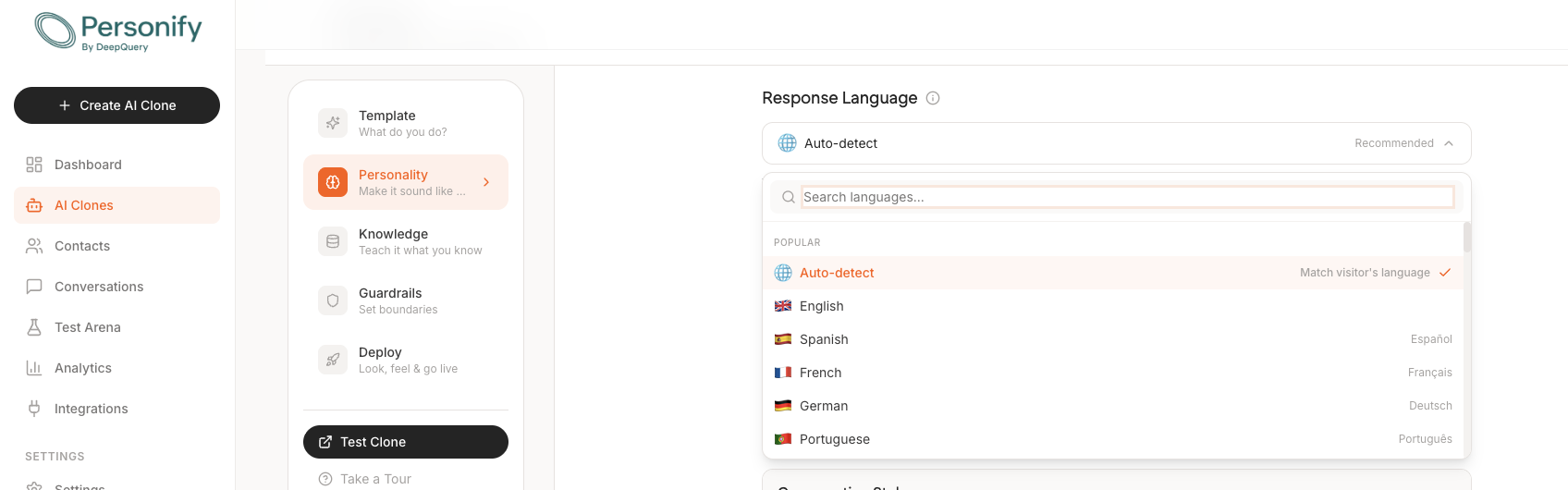 The Response Language setting in the Personify clone builder. Auto-detect is selected and marked Recommended, above a searchable list showing English, Spanish, French, German and Portuguese with their native names.