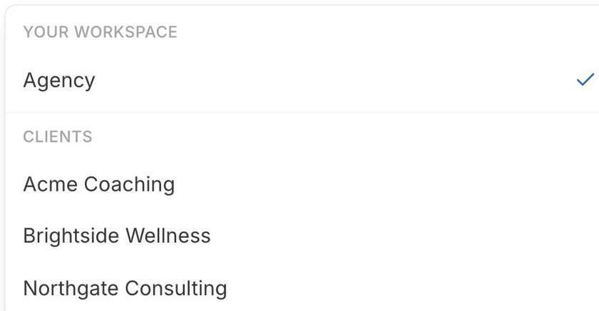 The workspace switcher open, showing a section headed Your workspace with the agency selected and a tick beside it, then a section headed Clients listing three client workspaces