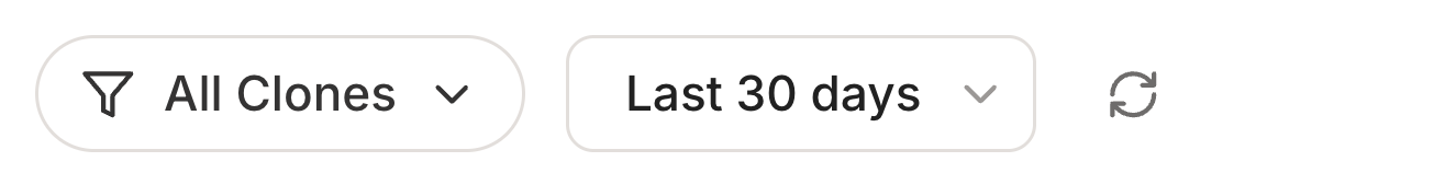 The two Analytics filters: an All Clones dropdown and a Last 30 days date range, with a refresh button