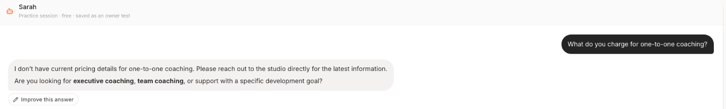 A Test Arena exchange: the question What do you charge for one-to-one coaching, the clone replying that it does not have current pricing and to get in touch directly, and an Improve this answer button below the reply
