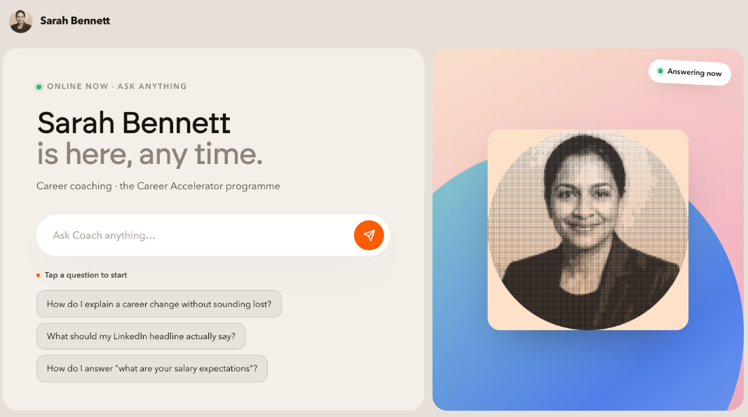 A live clone page: an online now label, the coach name as a headline, a one line description, an ask box, three tap to start questions, and a portrait with an Answering now badge