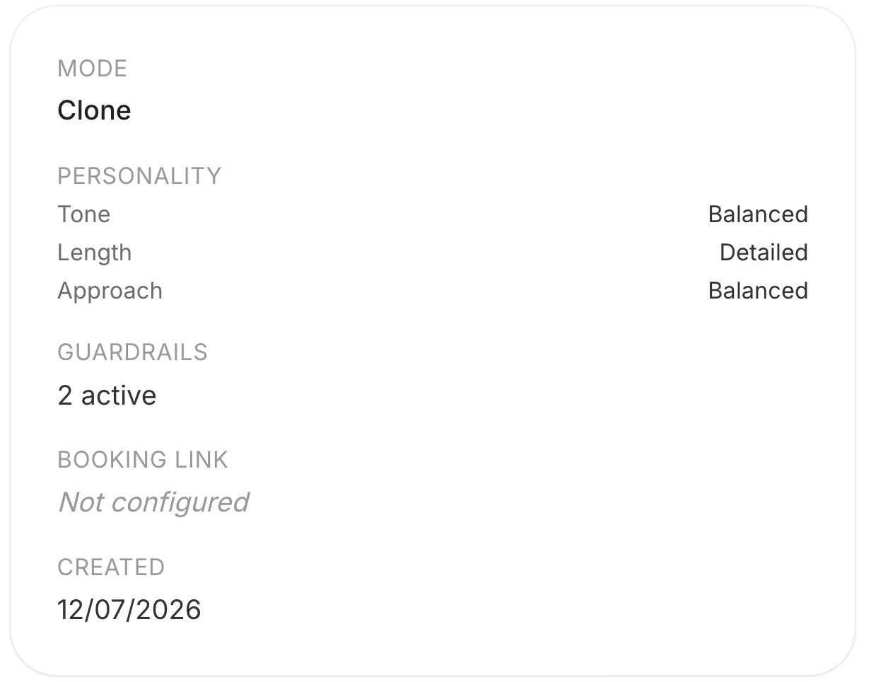 The Clone Settings panel showing Mode Clone, Personality with Tone Balanced, Length Balanced and Approach Supportive, Guardrails 3 active, Booking link Not configured, and the created date