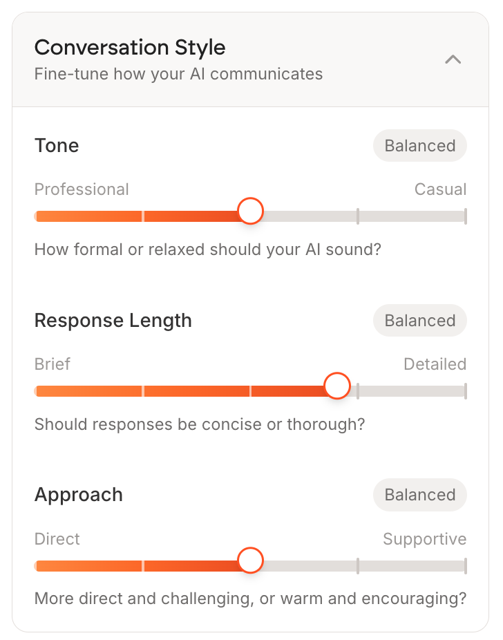 The Conversation Style panel with three sliders: Tone from Professional to Casual, Response Length from Brief to Detailed, and Approach from Direct to Supportive, each showing a Balanced badge