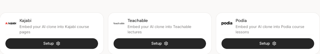 The Course Platforms section of the Integrations page showing cards for Kajabi, Teachable and Podia, each with a Setup button