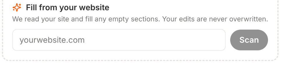 The Fill from your website panel with a URL field and a Scan button