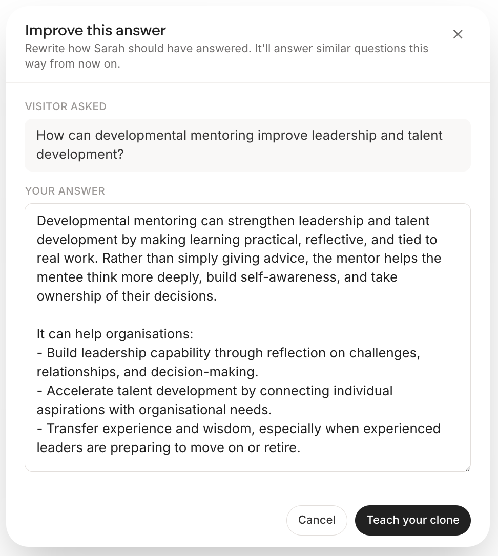 The Improve this answer panel: a note saying rewrite how the clone should have answered, the visitor question, an editable box holding the clone reply, and Cancel and Teach your clone buttons