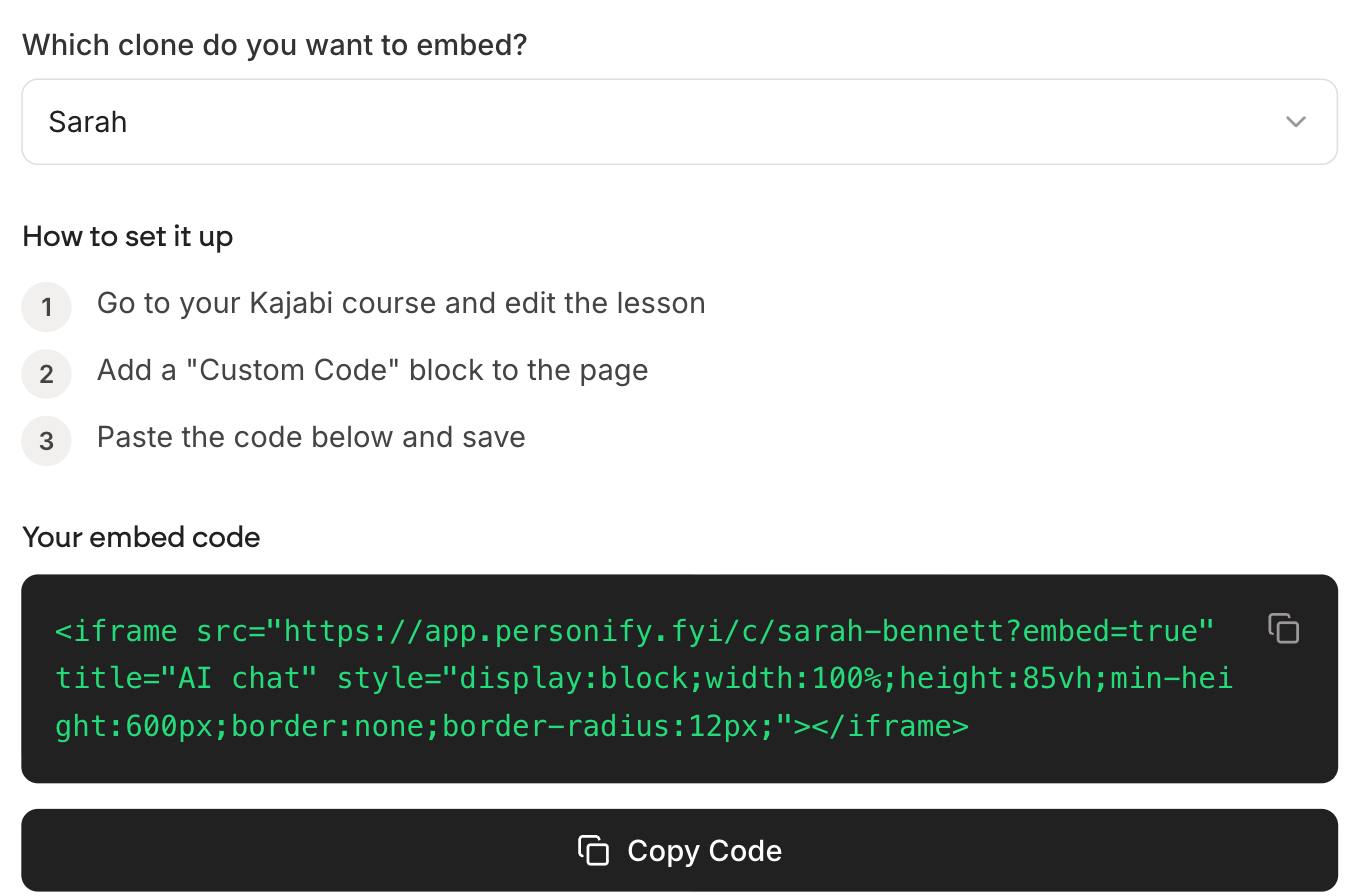 The Add to Kajabi panel: a clone picker, three numbered setup steps, an embed code block containing an iframe, and a Copy Code button