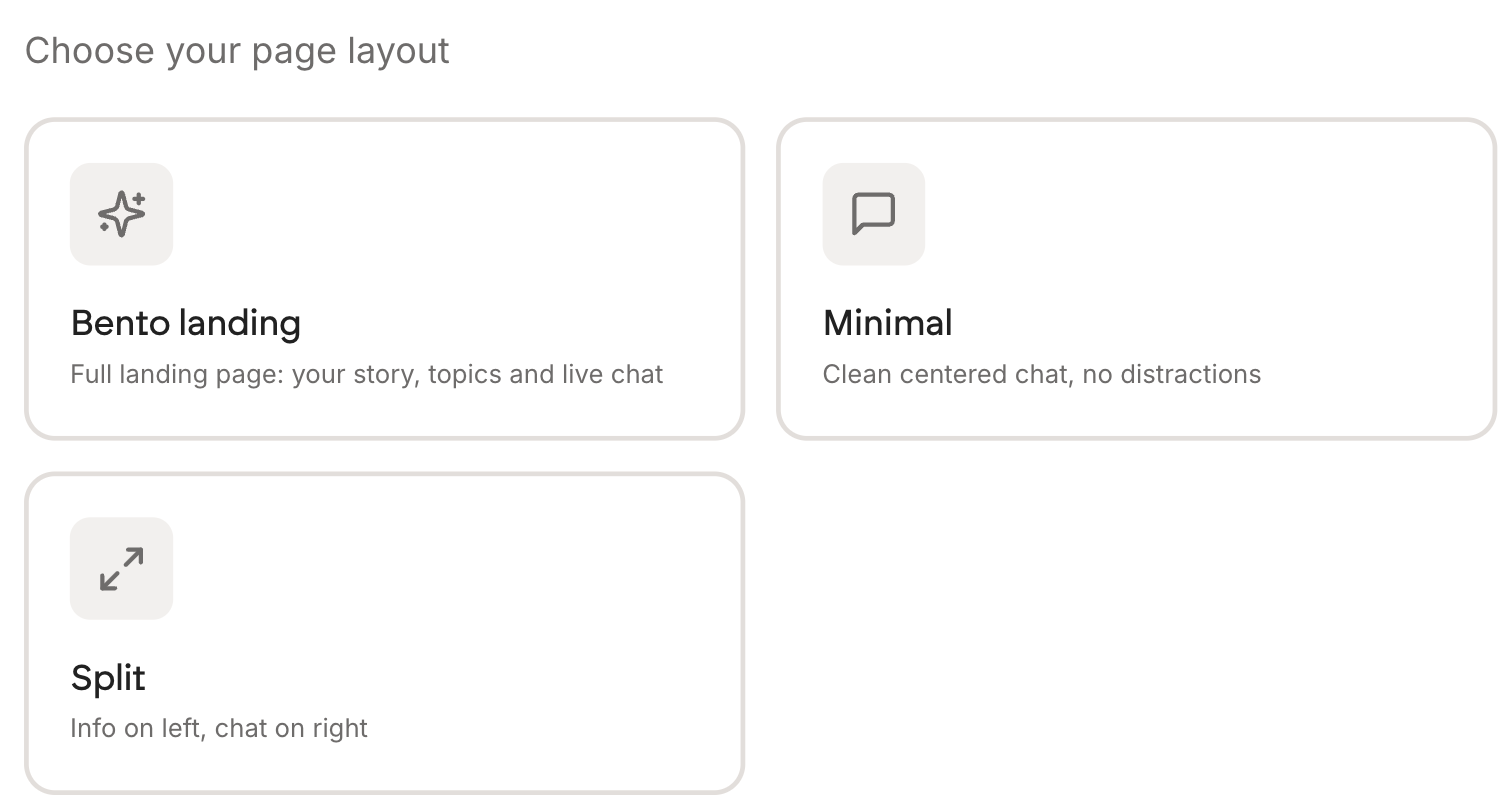 Three page layouts: Bento landing, Minimal, and Split