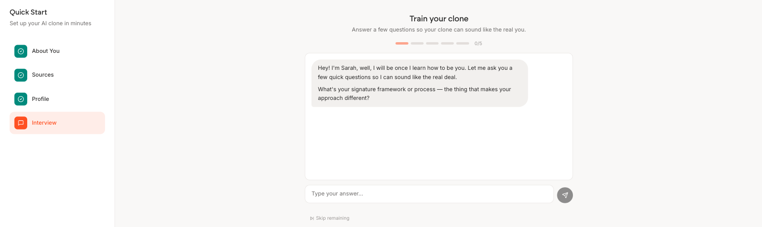 The Train your clone step: a progress bar reading 0 of 5, a chat message asking what your signature framework or process is, an answer box, and a Skip remaining link