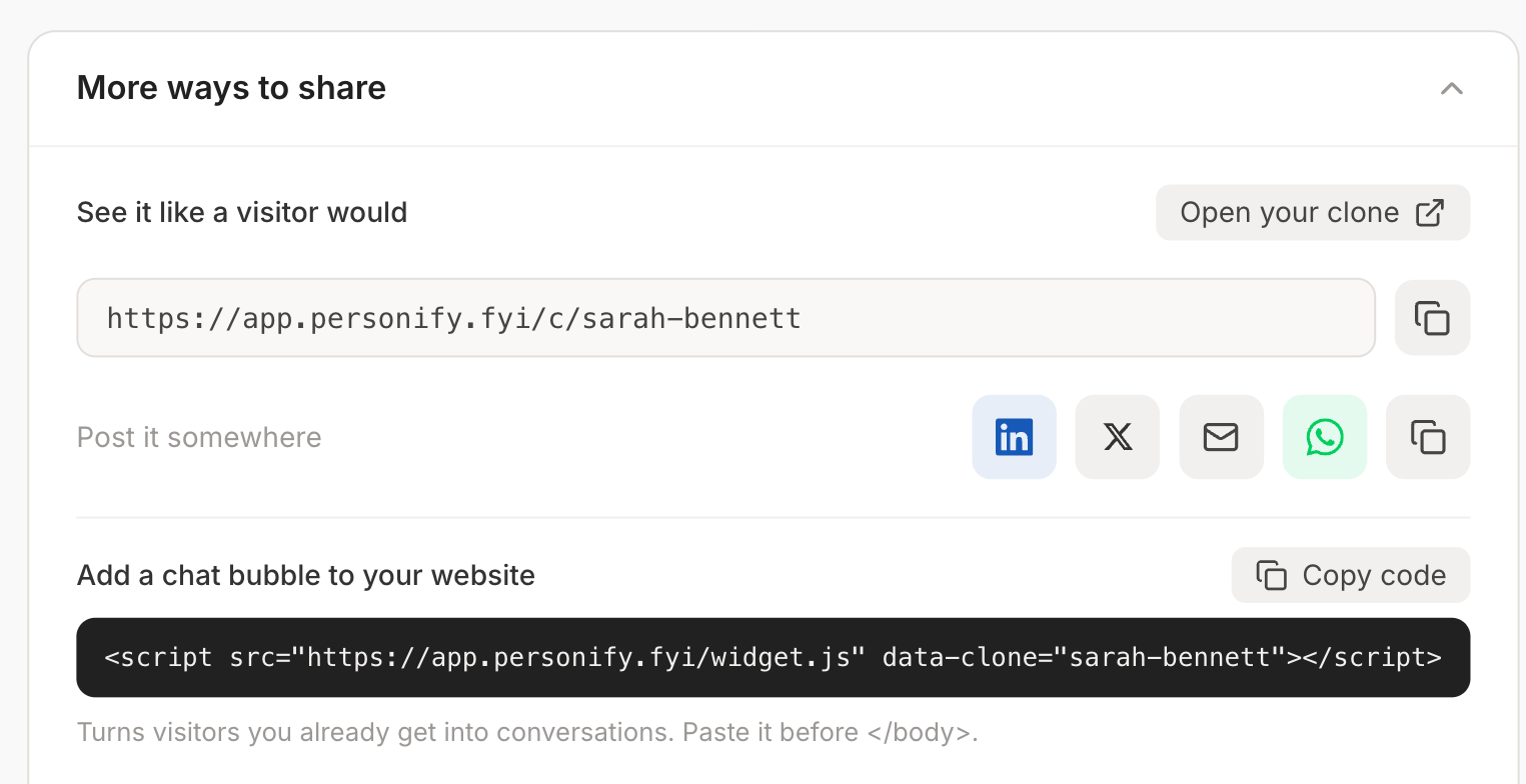 The More ways to share panel with the share link and a copy button, LinkedIn, X, email and WhatsApp buttons, and the one line script snippet for adding a chat bubble to your website