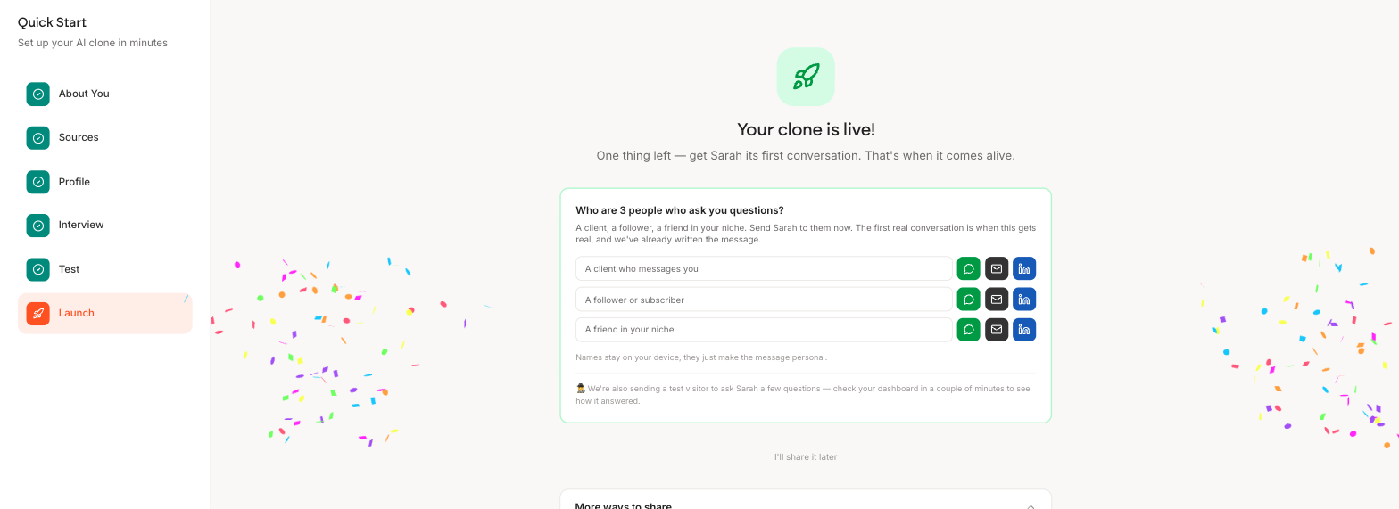 The Launch step reading Your clone is live, with three boxes headed Who are 3 people who ask you questions, each with WhatsApp, email and LinkedIn buttons, and an I will share it later link