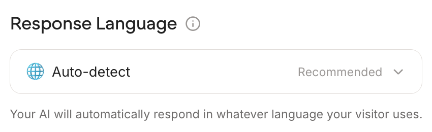 The Response Language dropdown open, showing a search box and a Popular group listing Auto-detect marked Match visitor language and ticked, then English, Spanish, French, German and Portuguese, each with its native name