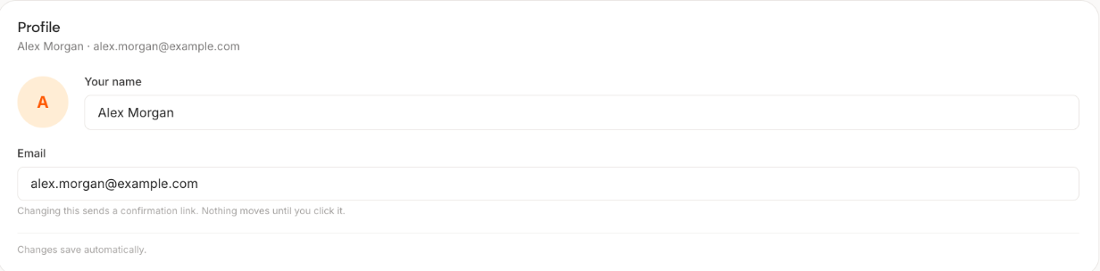 The Profile panel showing an avatar initial, a Your name field, an Email field, and a note that changing the email sends a confirmation link