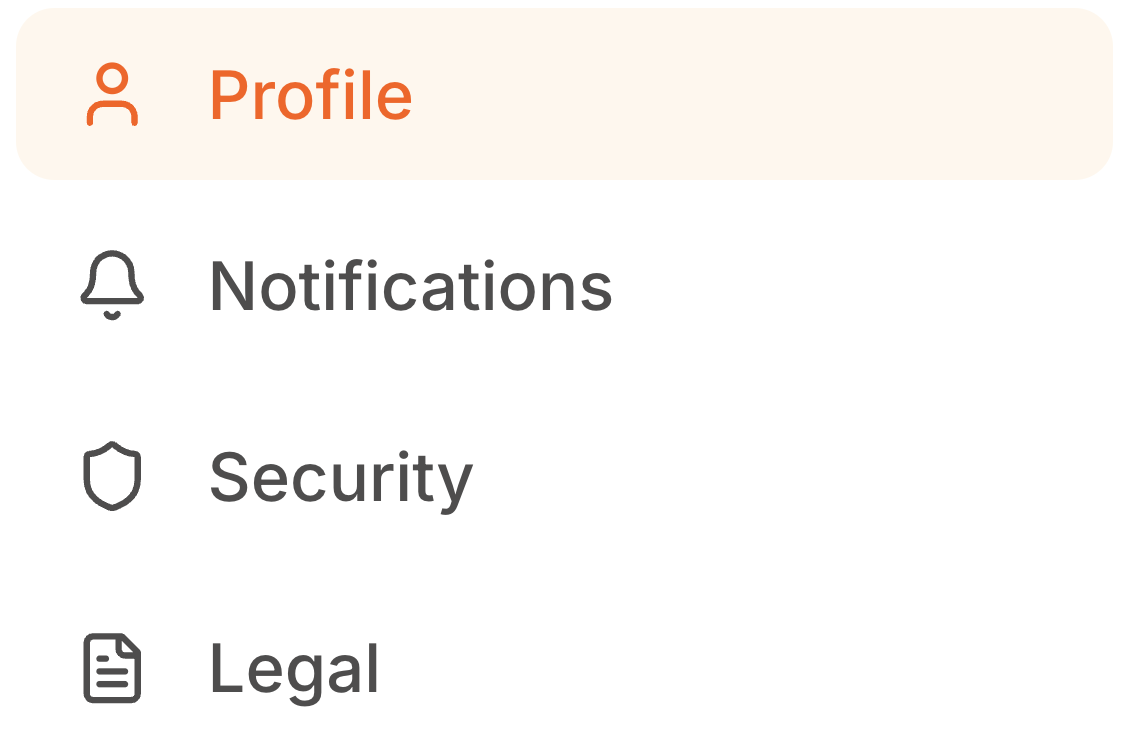 The four Settings tabs: Profile, Notifications, Security and Legal