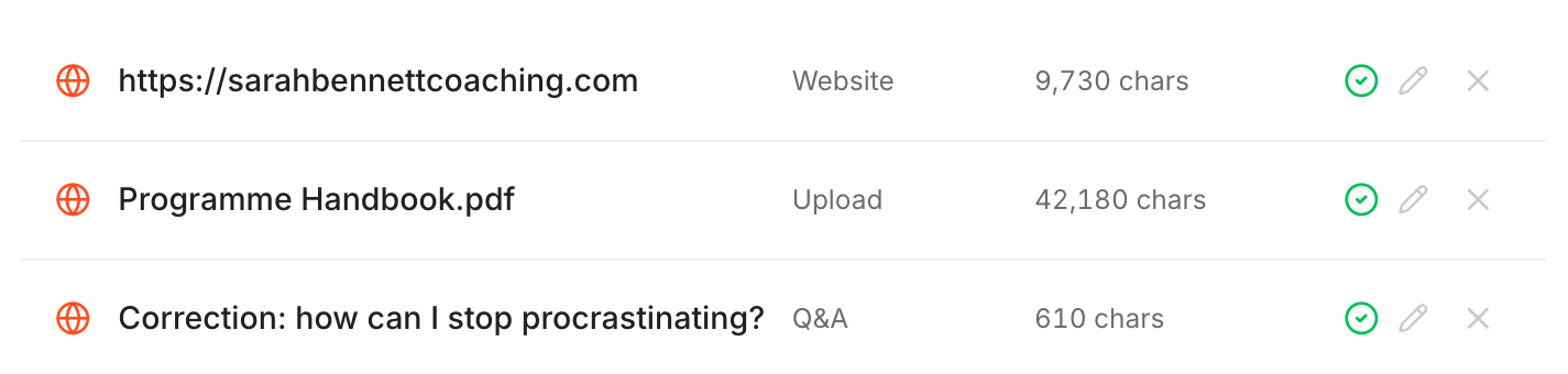 The knowledge source list with columns for name, type, size and actions, showing a scraped website, an uploaded PDF, and an entry beginning Correction: how can I stop procrastinating, typed as a Q and A pair