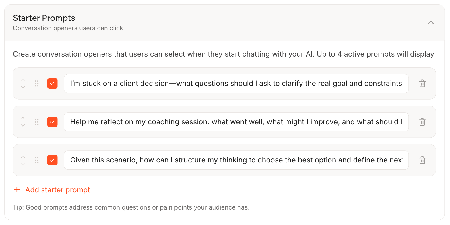 The Starter Prompts panel listing three editable prompts, each with a drag handle, an orange tick box to activate it, and a delete button, above an Add starter prompt link