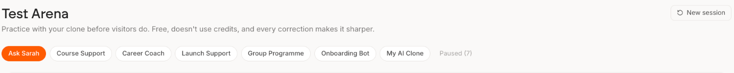 The Test Arena showing a row of clone tabs with one selected, a Paused group, and the prompt telling you to hit Improve this answer on a bad reply
