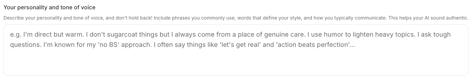 The Your personality and tone of voice field, with placeholder text describing a direct but warm coach who does not sugarcoat and says let us get real