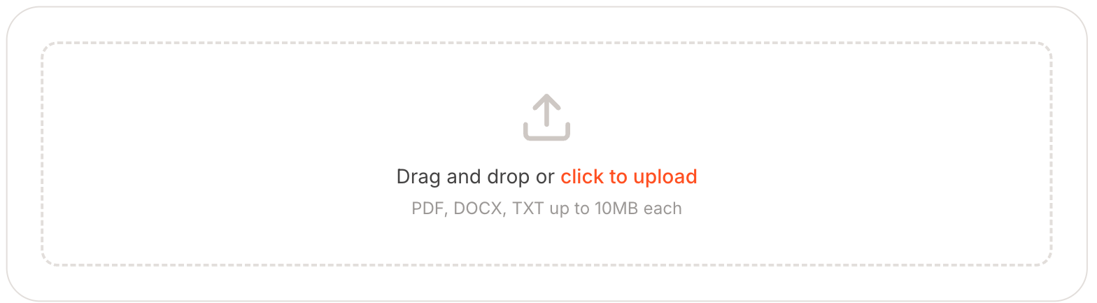 The upload area saying drag and drop or click to upload, with the note PDF, DOCX, TXT up to 10MB each