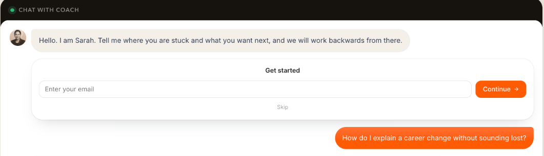 The chat panel showing the clone greeting, an inline Get started email box with a Continue button and a Skip link, then the visitor question and the clone answer