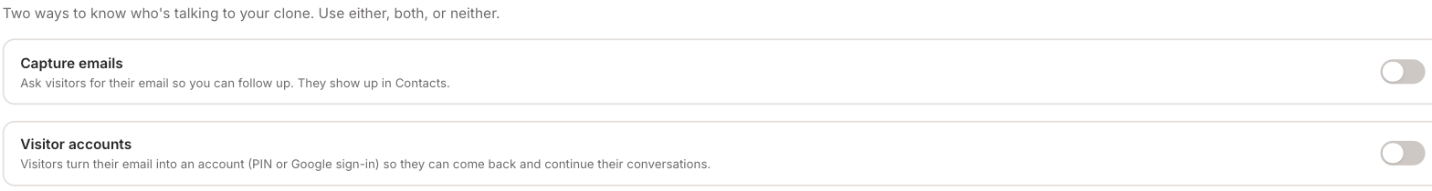 Two toggles: Capture emails, and Visitor accounts, both switched off