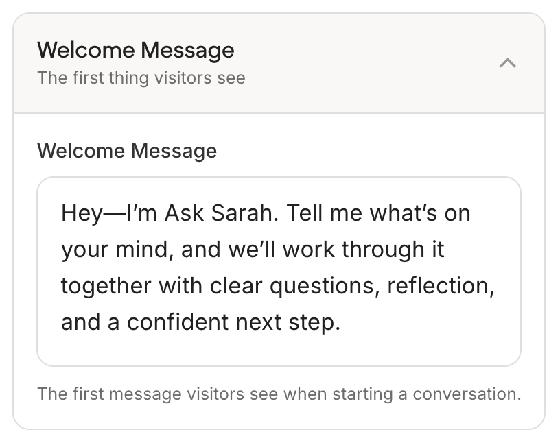 The Welcome Message panel with a text box containing a default greeting, and a note saying this is the first message visitors see when starting a conversation