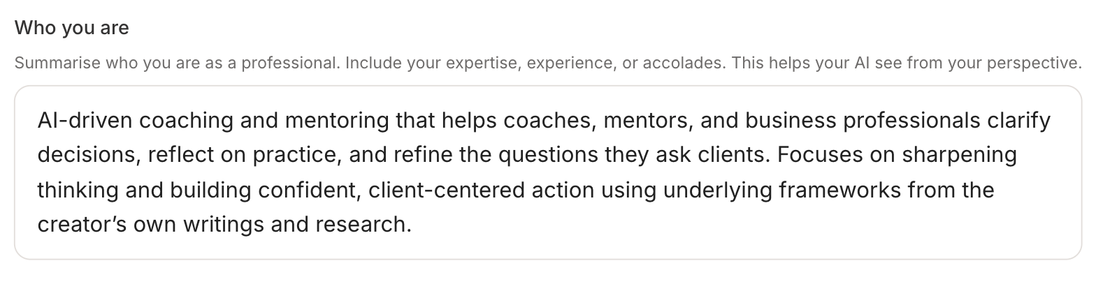 The Who you are field on the Personality step, with placeholder text giving an example of a business coach describing their experience and framework