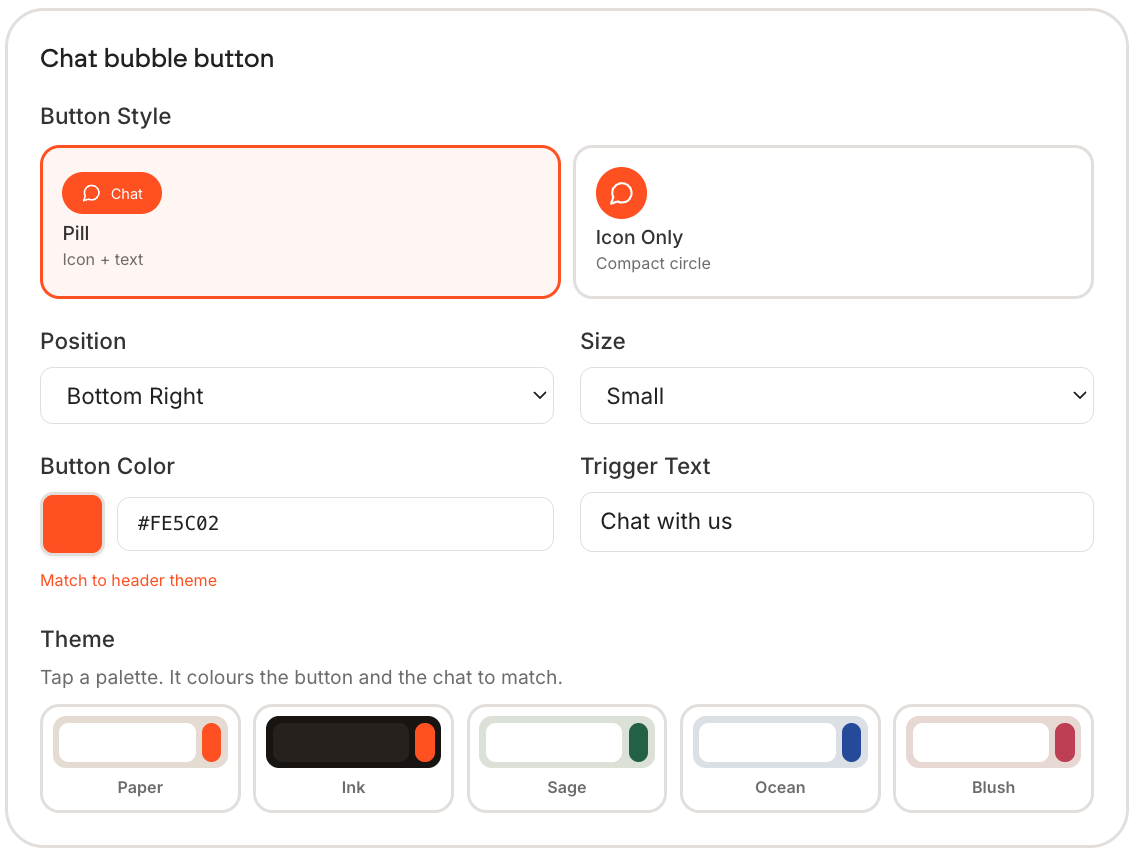The widget builder showing Button Style set to Pill, Position Bottom Right, Size Small, a Button Color hex field, a Trigger Text field, and the five theme palettes