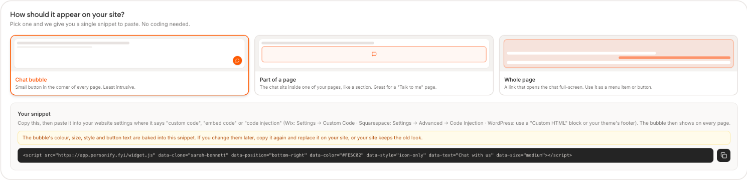 Three placement options: Chat bubble, Part of a page, and Whole page, each with a small illustration