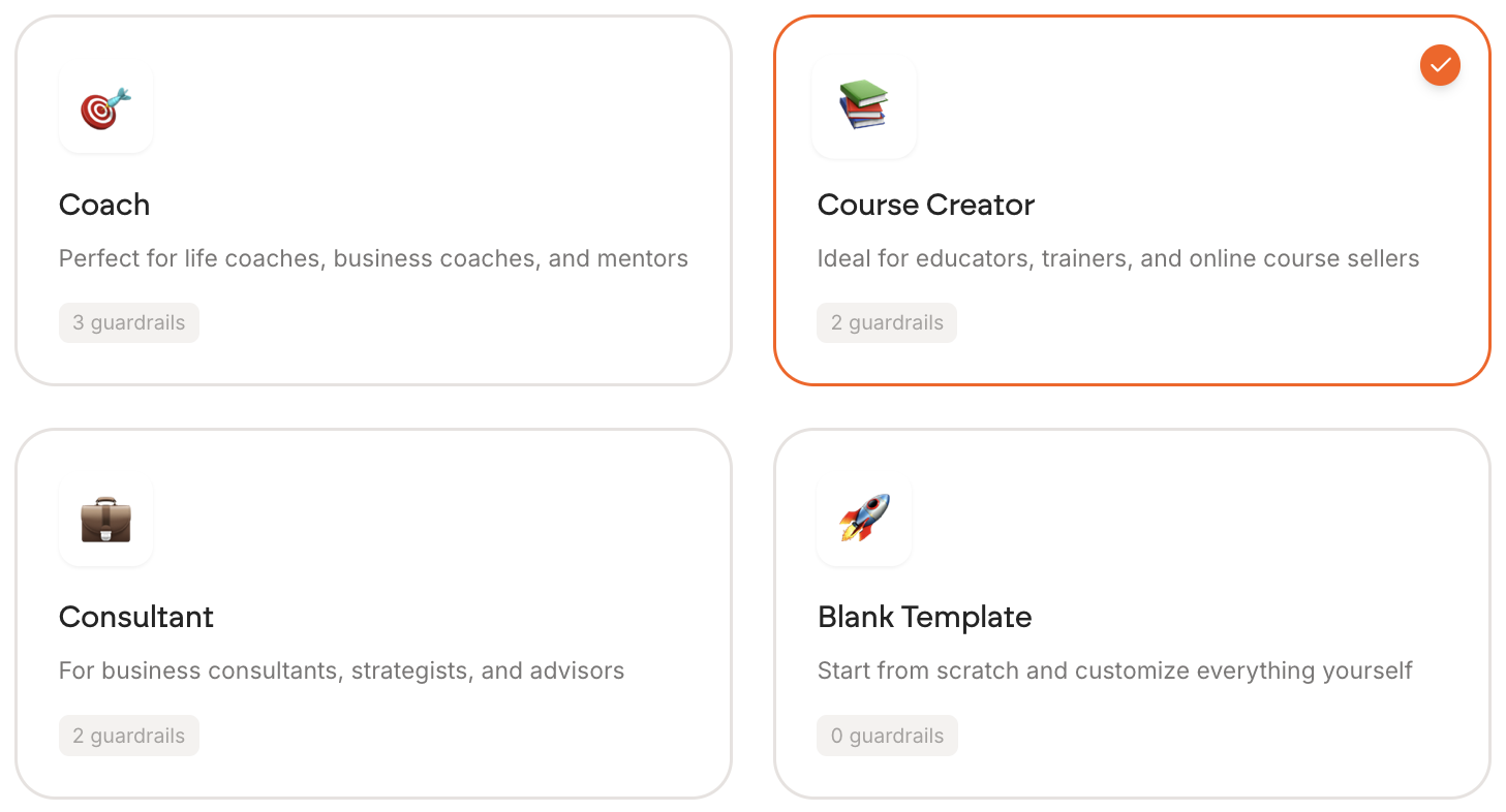 The four templates: Coach, Course Creator, Consultant and Blank Template, each showing how many guardrails it starts with