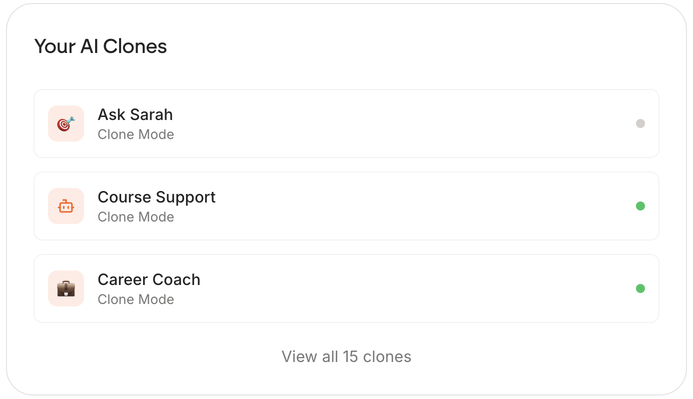 The Your AI Clones panel listing three clones, each with its mode and a green dot showing it is active