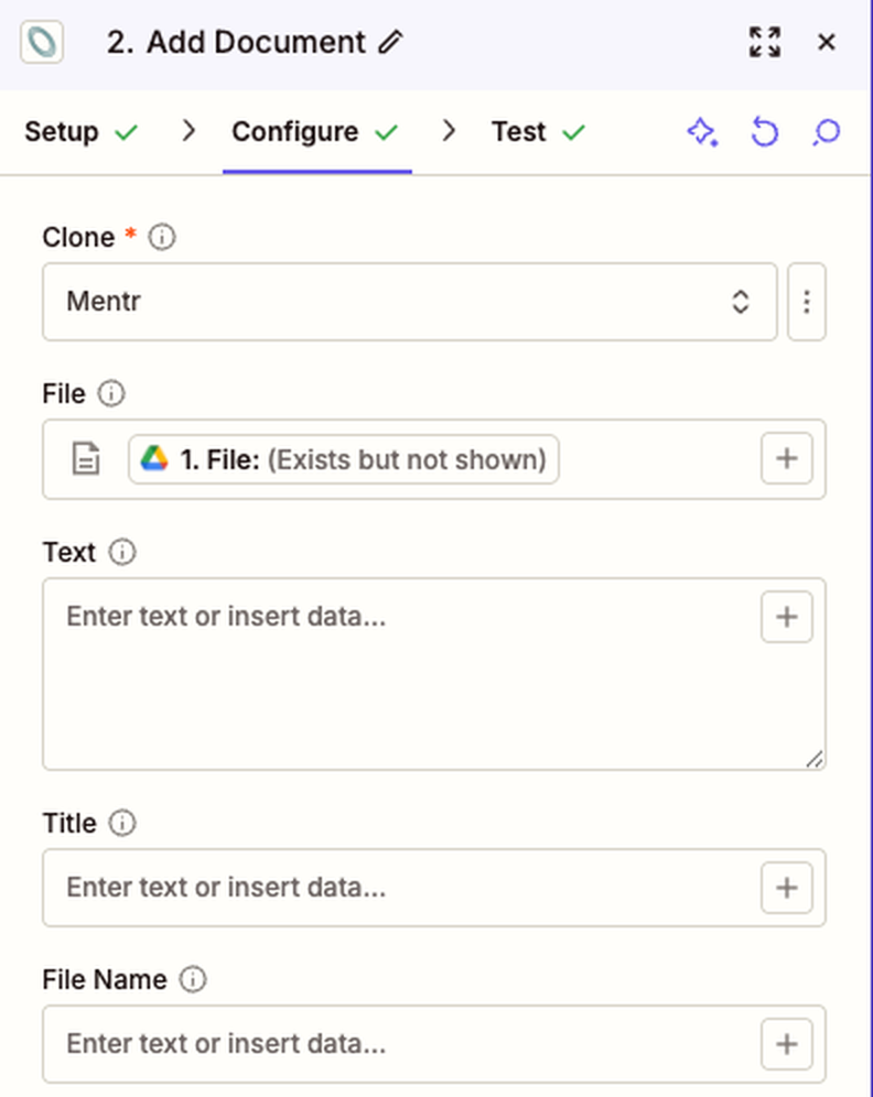 The Personify Add Document step in Zapier, with Clone set to Mentr and File mapped from step 1, and optional Text, Title and File Name fields