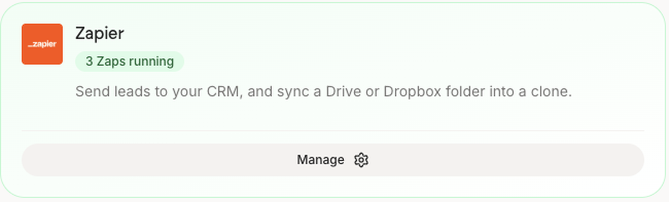 The Zapier card on the Personify Integrations page, reading Send leads to your CRM, and sync a Drive or Dropbox folder into a clone, with a Manage button