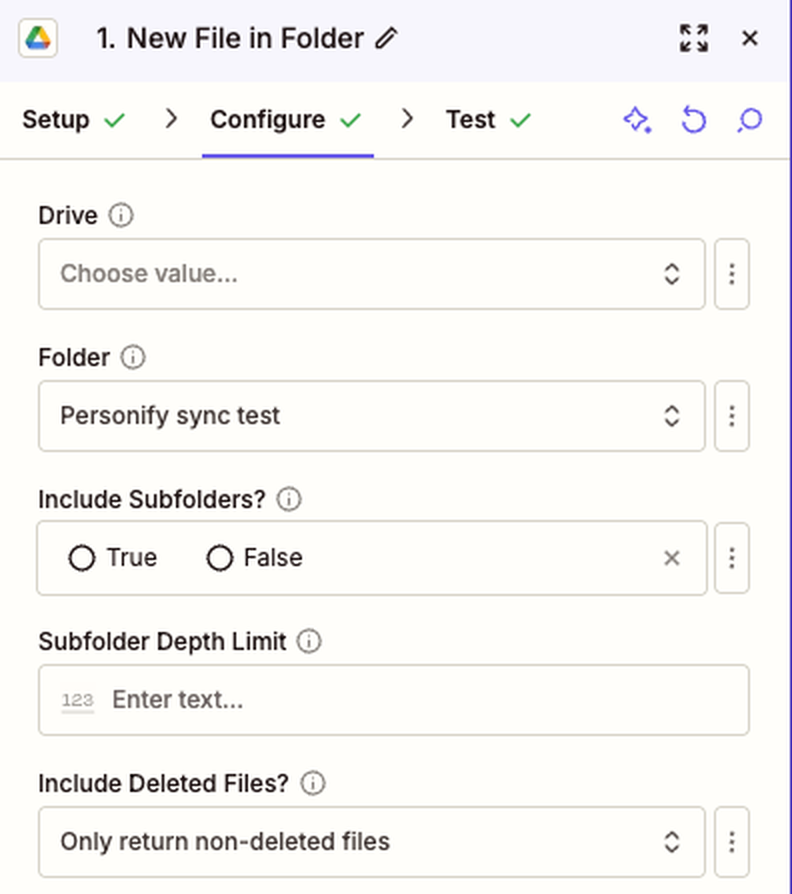 The Google Drive New File in Folder step in Zapier, with the Folder field set to Personify sync test
